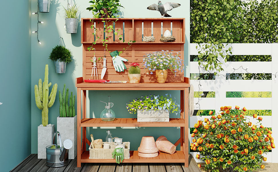 TOPMAX 65" Large Wooden Farmhouse Rustic Outdoor Potting Bench