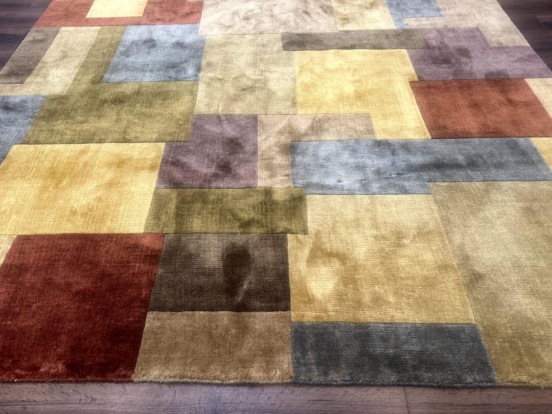 Modern Tibetan Wool Rug 8x10, Multicolor, Thick Pile, Contemporary, Nepali, Handmade
