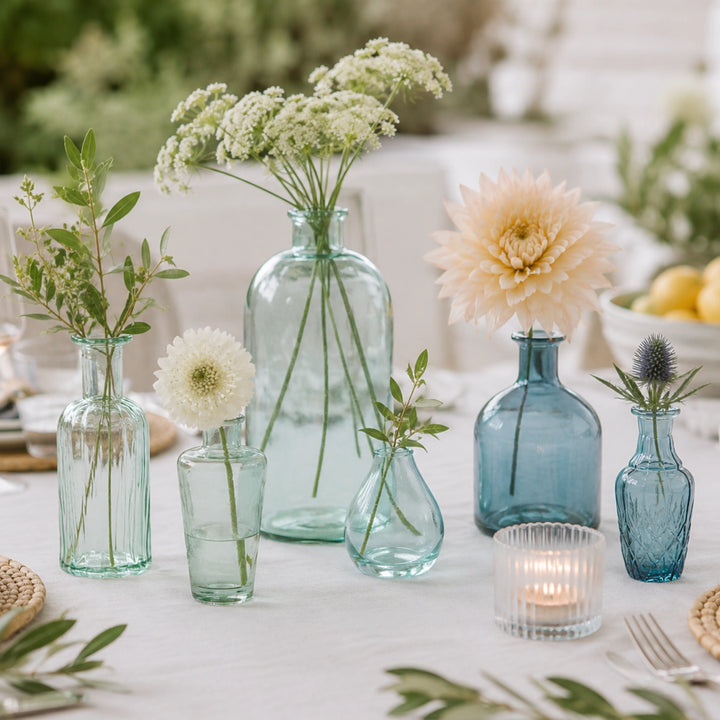 Assorted Blue and Green Glass Bud Vases