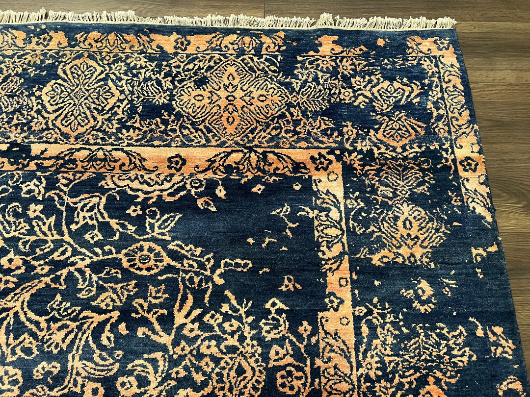 Area Rug 8x10 High Quality Handmade Oriental Carpet, Modern Contemporary Rug, Rug for Living Room, Wool Rug, Blue and Gold, Pakistani Rug