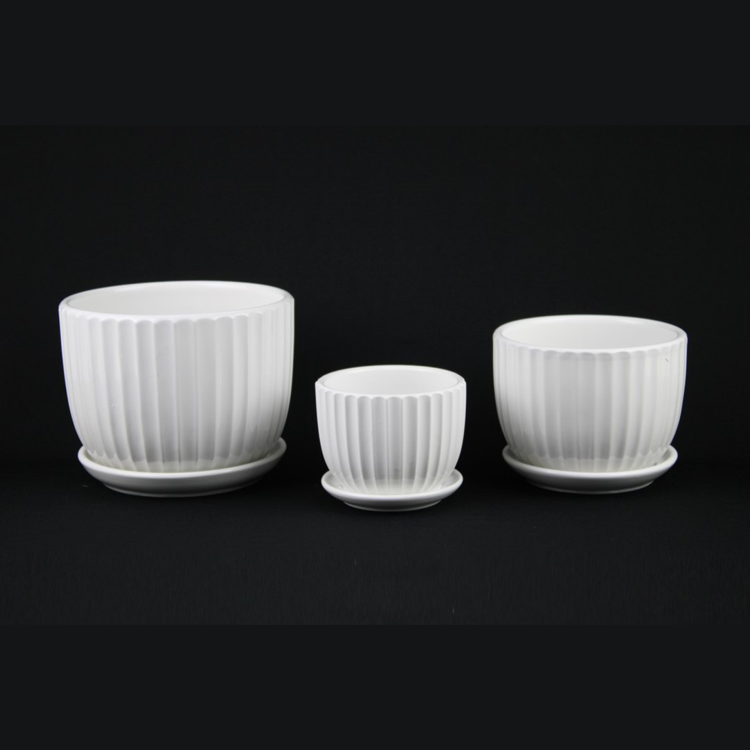 3-Piece White Ceramic Planter Pot Set with Vertical Fluted Design &amp; Matching Saucers