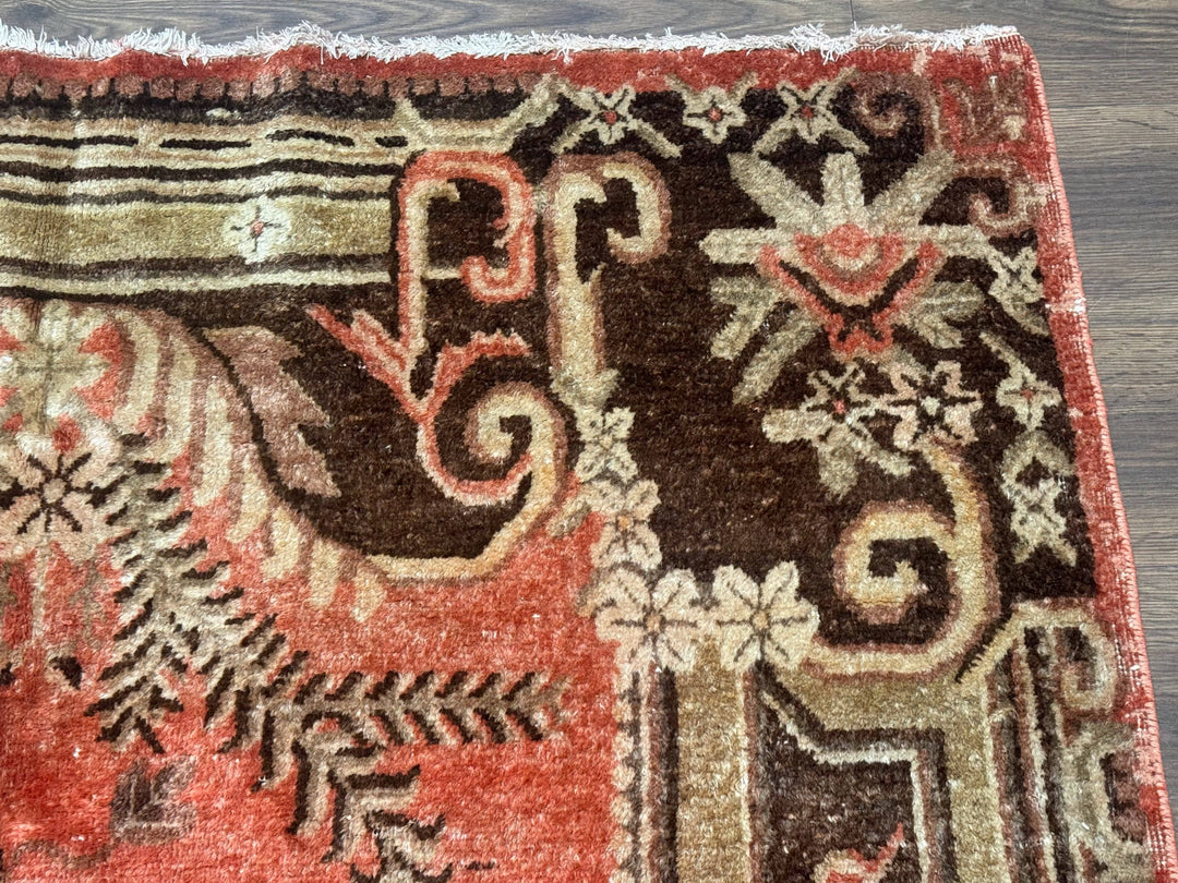 Khotan Rug 5x9, Terracotta and Brown, Floral, Chinese Wool Carpet, Antique Rug