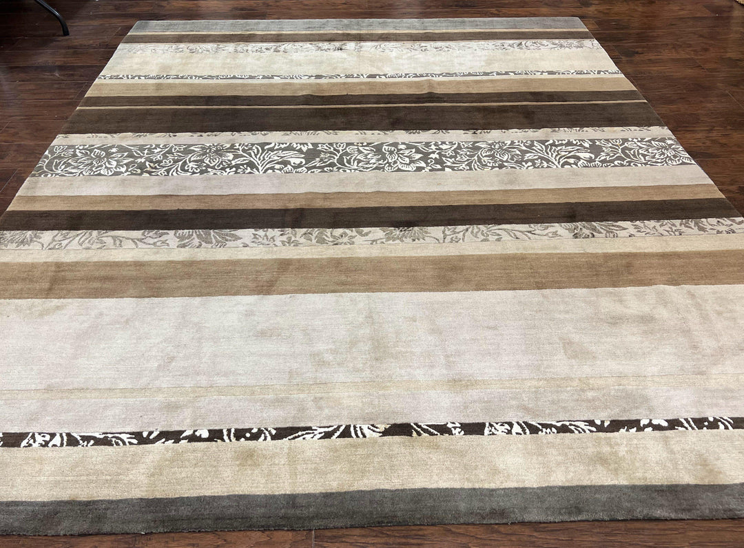 Modern Tibetan Nepali Rug 8x12, Stripe Pattern, Wool with Silk Highlights, Handmade, Beige Tan Brown