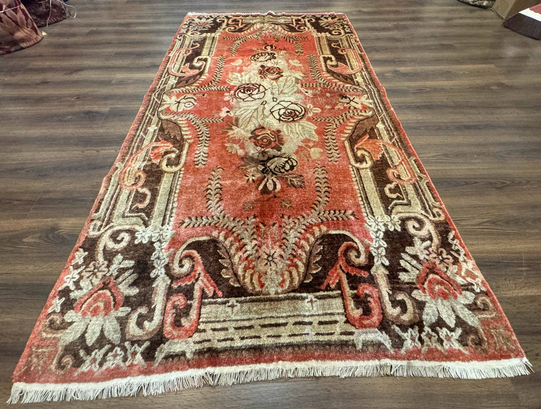 Khotan Rug 5x9, Terracotta and Brown, Floral, Chinese Wool Carpet, Antique Rug