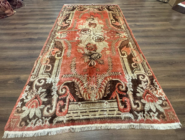 Khotan Rug 5x9, Terracotta and Brown, Floral, Chinese Wool Carpet, Antique Rug