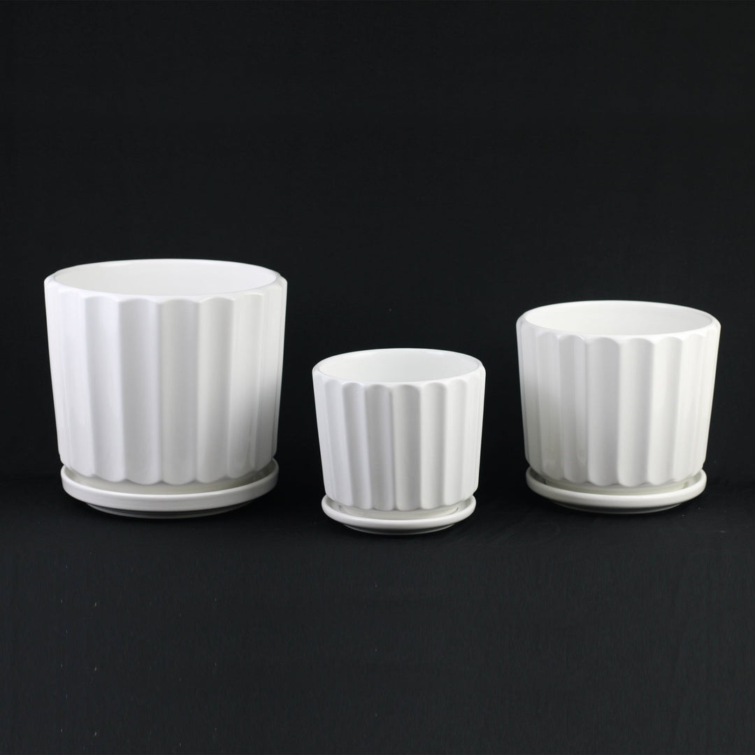 3-Piece White Ceramic Planter Pot Set with Fluted Design &amp; Saucers