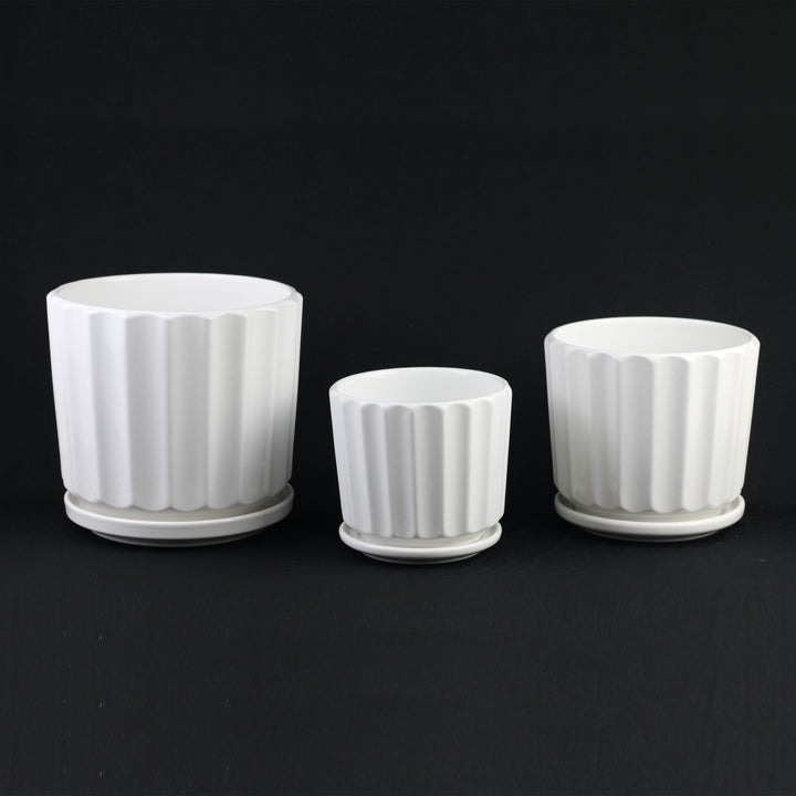 3-Piece White Ceramic Planter Pot Set with Fluted Design &amp; Saucers