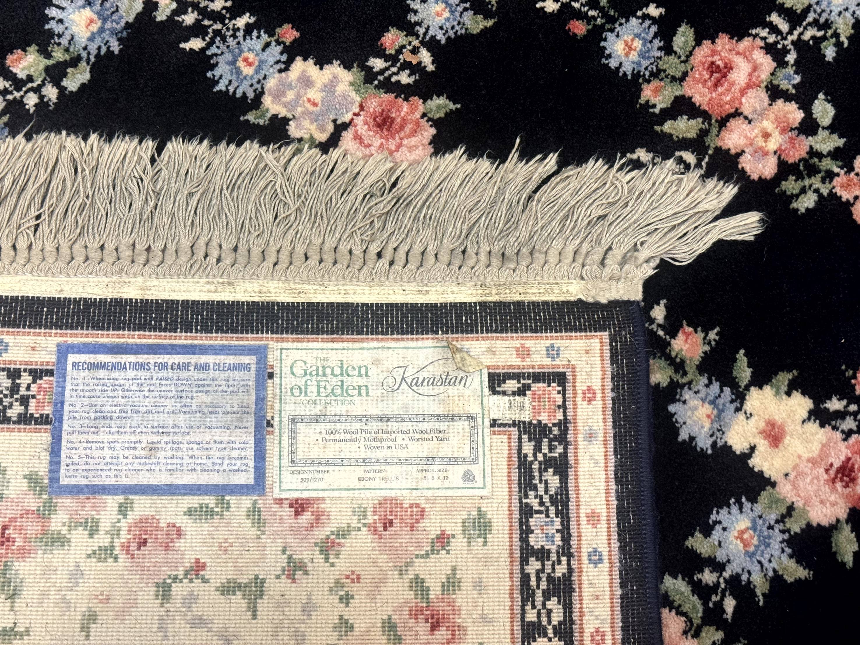 8.8 x 12 Karastan Garden of Eden Rug, Ebony Trellis #509/1270, Black, Floral, Wool Pile, Vintage, Discontinued