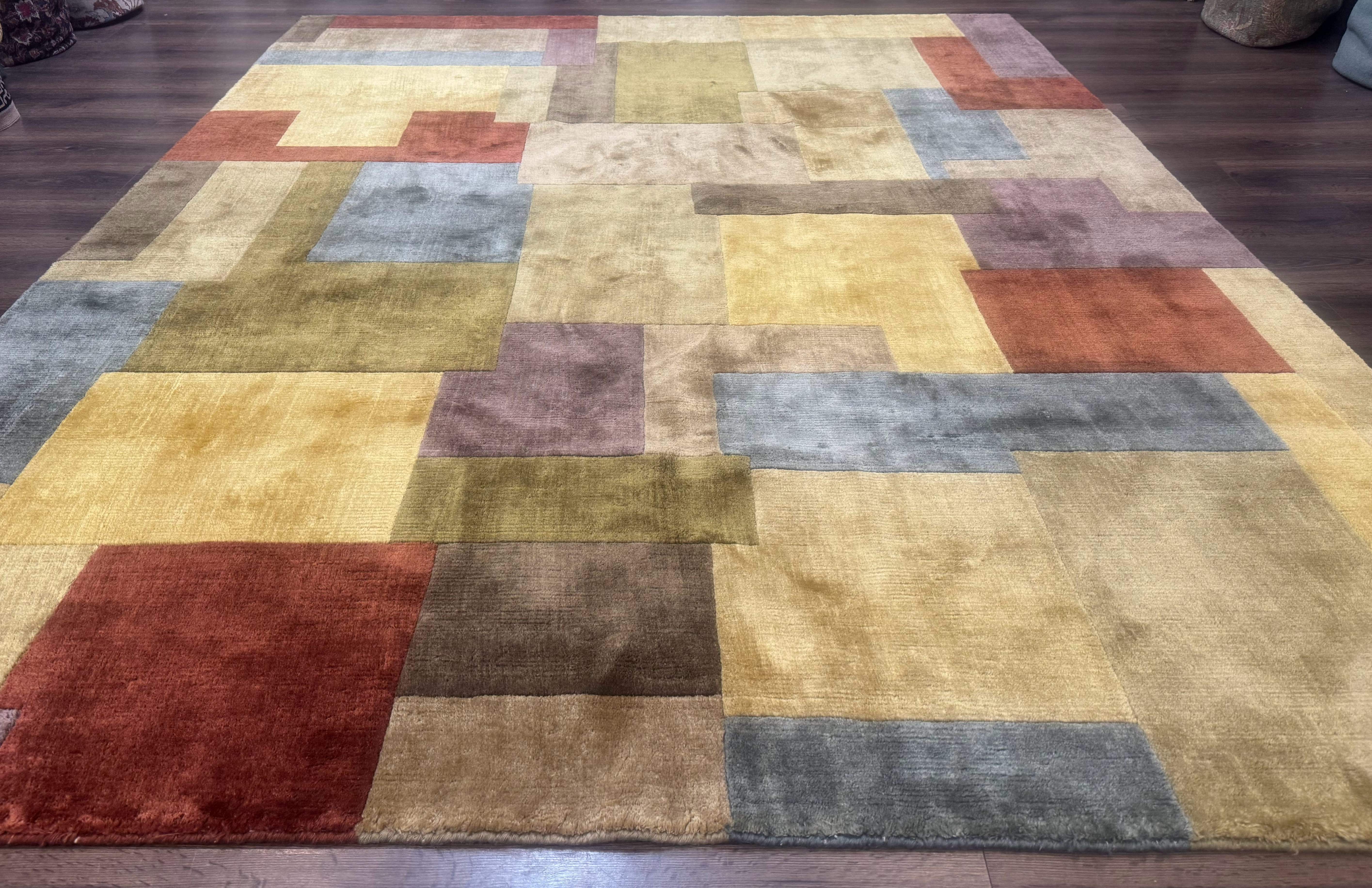 Modern Tibetan Wool Rug 8x10, Multicolor, Thick Pile, Contemporary, Nepali, Handmade