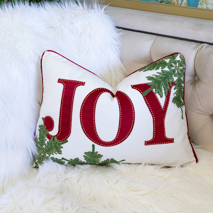 JOY Embroidered Christmas Throw Pillow