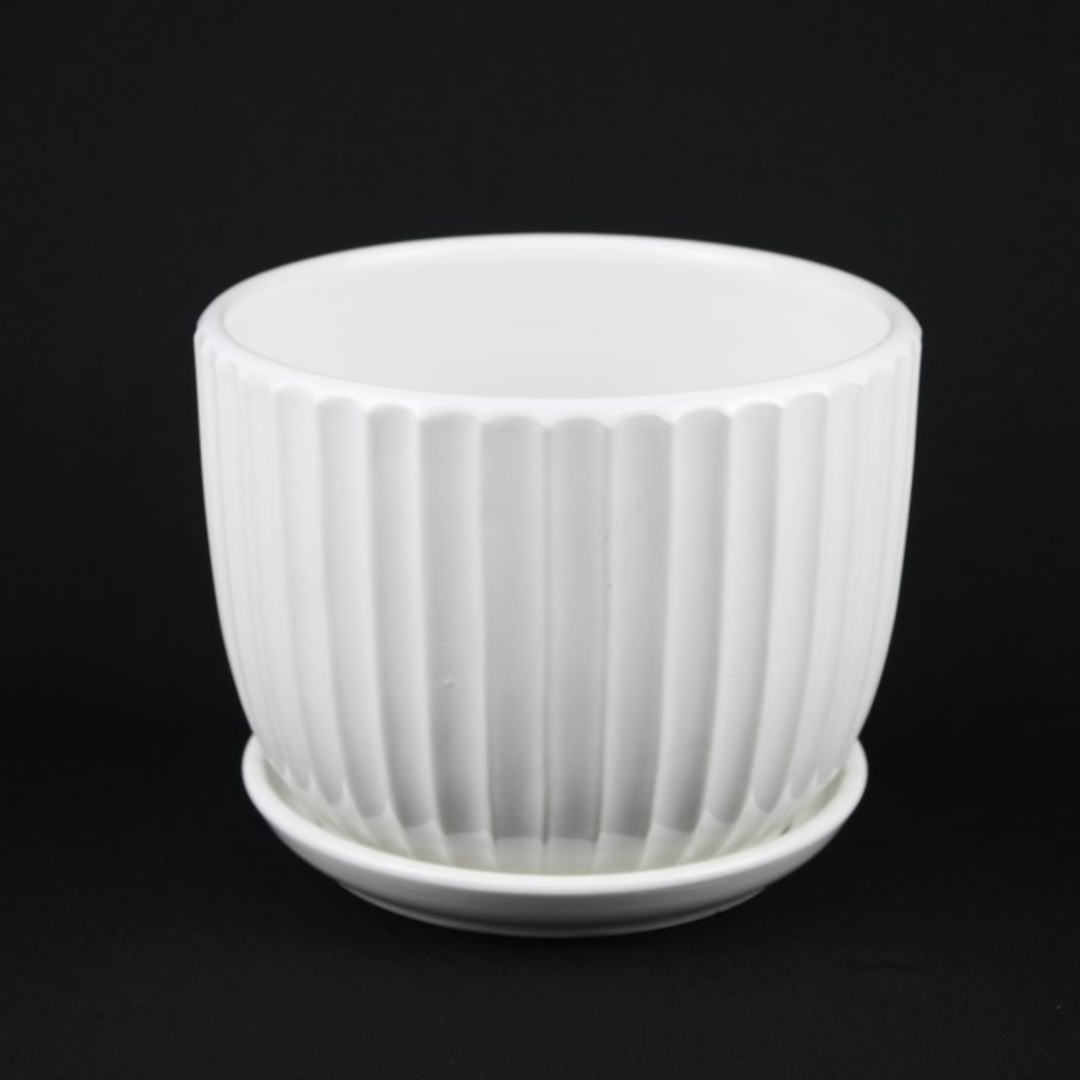 3-Piece White Ceramic Planter Pot Set with Vertical Fluted Design &amp; Matching Saucers