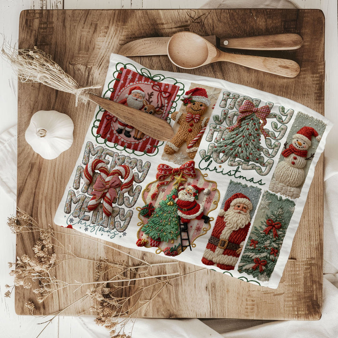 Yarn Christmas Crochet Print Cotton Kitchen Tea Towel Holiday Decor Great Gifts