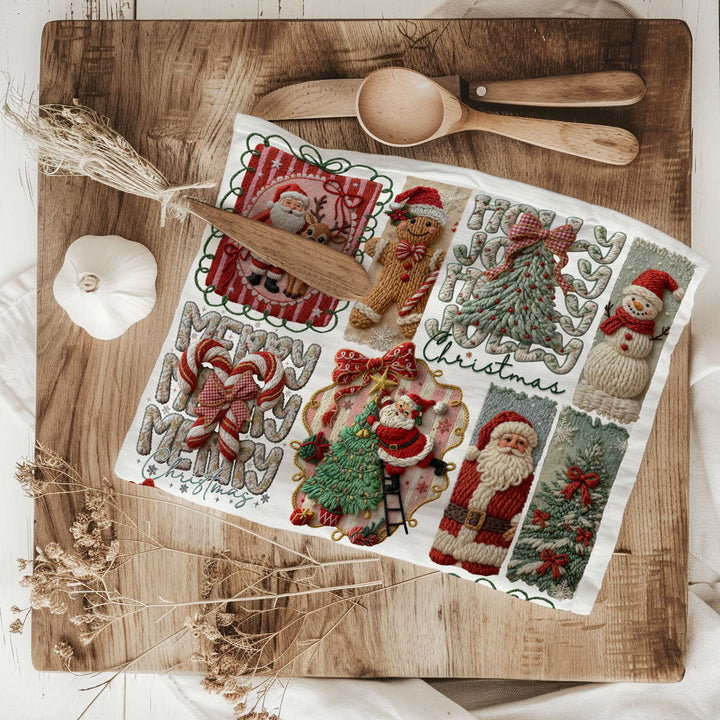 Yarn Christmas Crochet Print Cotton Kitchen Tea Towel Holiday Decor Great Gifts