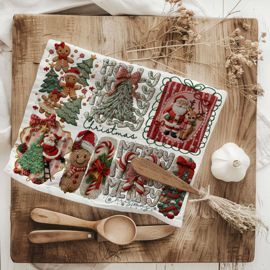 Yarn Christmas Crochet Print Cotton Kitchen Tea Towel Holiday Decor Great Gifts