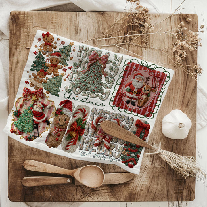 Yarn Christmas Crochet Print Cotton Kitchen Tea Towel Holiday Decor Great Gifts
