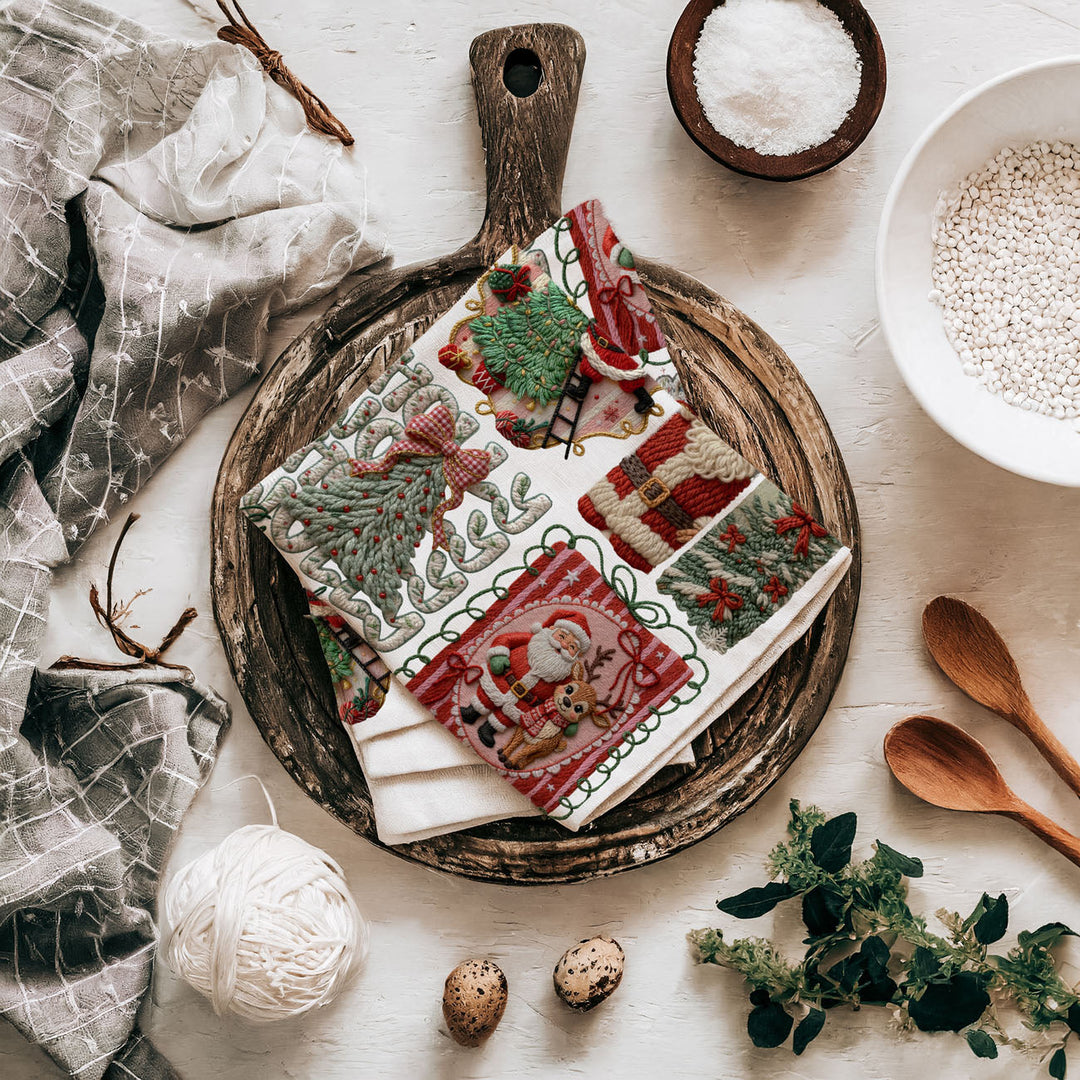 Yarn Christmas Crochet Print Cotton Kitchen Tea Towel Holiday Decor Great Gifts
