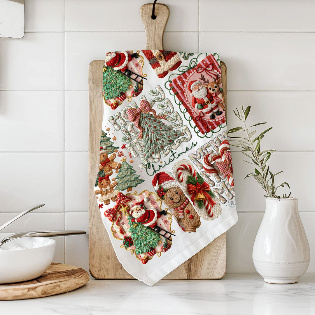 Yarn Christmas Crochet Print Cotton Kitchen Tea Towel Holiday Decor Great Gifts