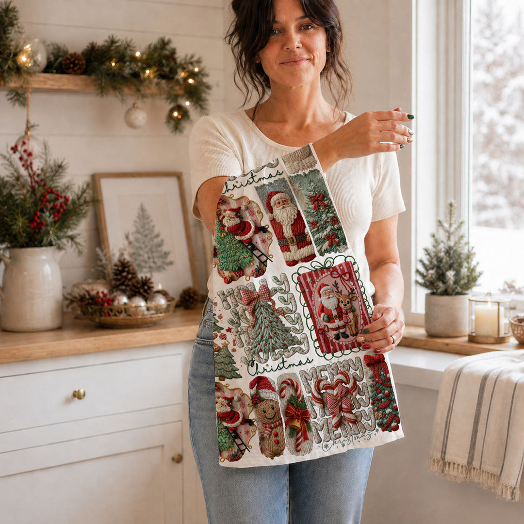 Yarn Christmas Crochet Print Cotton Kitchen Tea Towel Holiday Decor Great Gifts