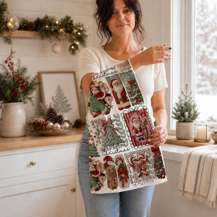Yarn Christmas Crochet Print Cotton Kitchen Tea Towel Holiday Decor Great Gifts