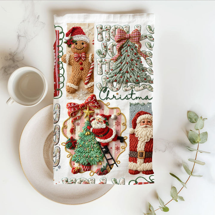 Yarn Christmas Crochet Print Cotton Kitchen Tea Towel Holiday Decor Great Gifts