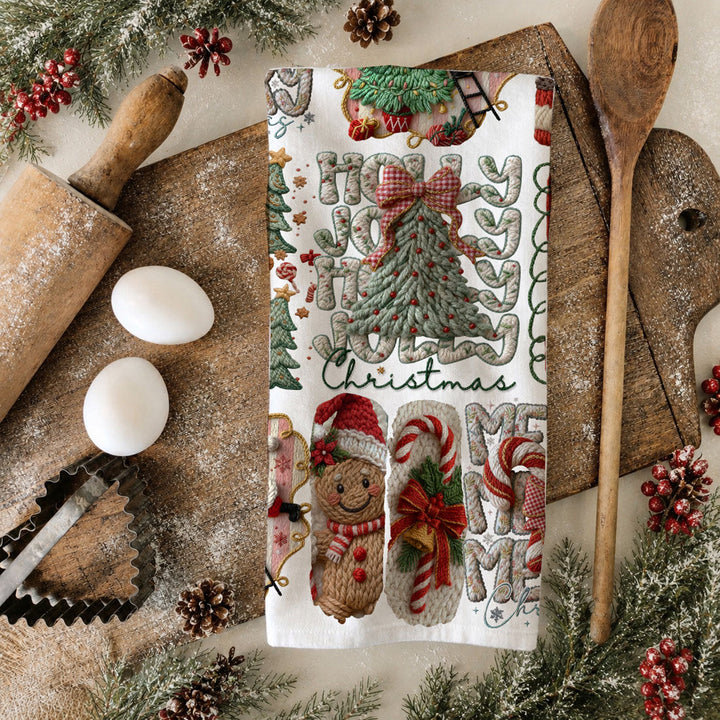Yarn Christmas Crochet Print Cotton Kitchen Tea Towel Holiday Decor Great Gifts