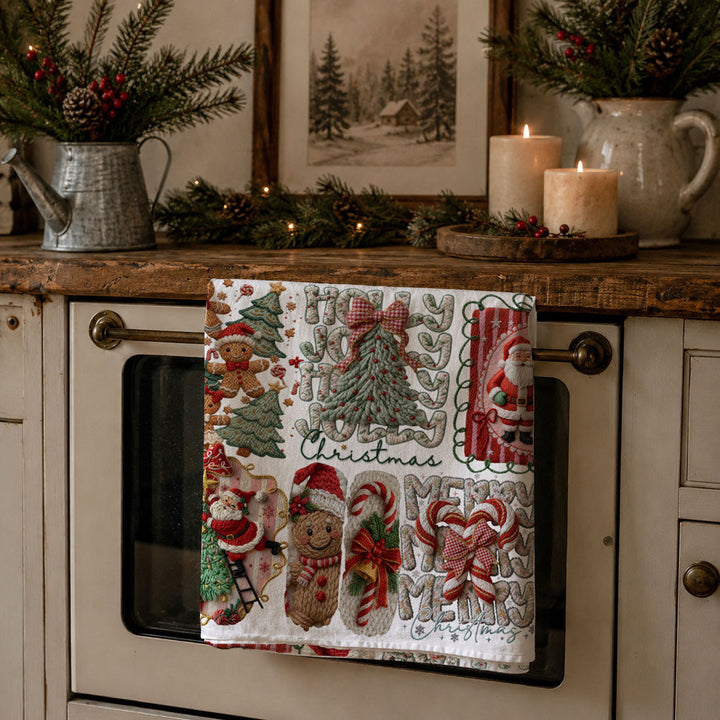 Yarn Christmas Crochet Print Cotton Kitchen Tea Towel Holiday Decor Great Gifts
