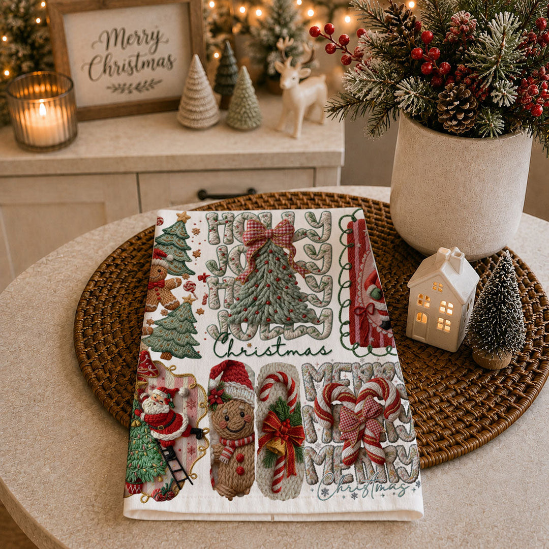 Yarn Christmas Crochet Print Cotton Kitchen Tea Towel Holiday Decor Great Gifts