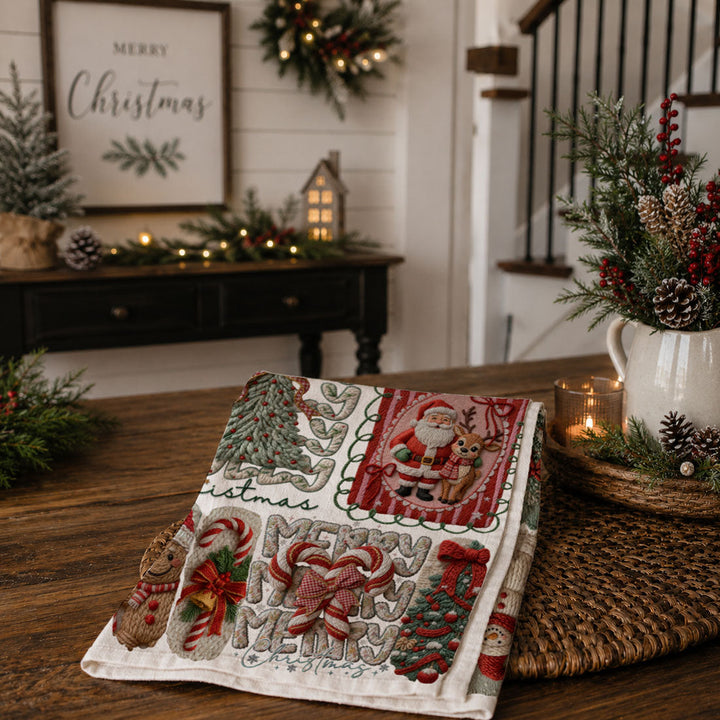 Yarn Christmas Crochet Print Cotton Kitchen Tea Towel Holiday Decor Great Gifts