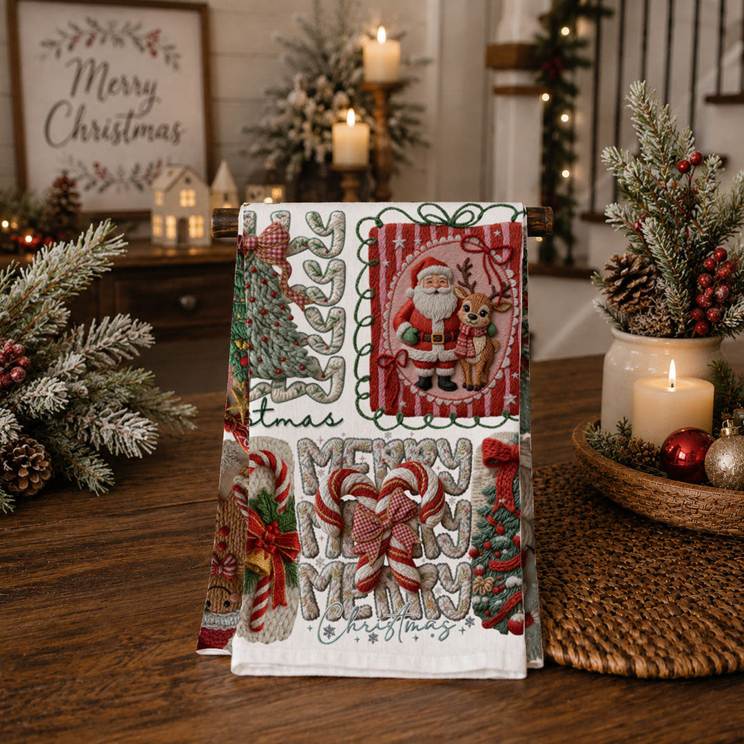 Yarn Christmas Crochet Print Cotton Kitchen Tea Towel Holiday Decor Great Gifts