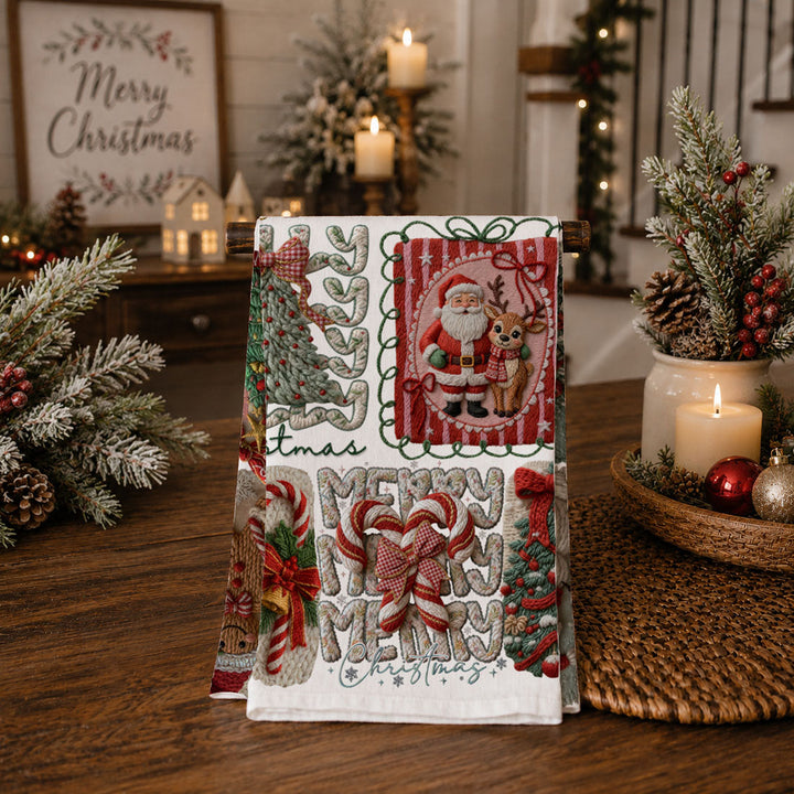 Yarn Christmas Crochet Print Cotton Kitchen Tea Towel Holiday Decor Great Gifts