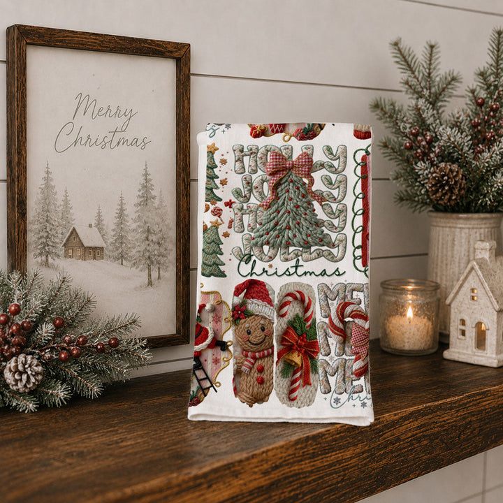 Yarn Christmas Crochet Print Cotton Kitchen Tea Towel Holiday Decor Great Gifts