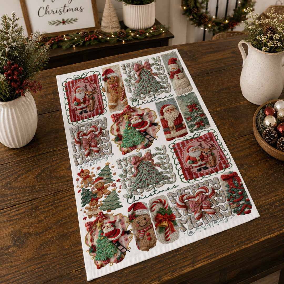Yarn Christmas Crochet Print Cotton Kitchen Tea Towel Holiday Decor Great Gifts