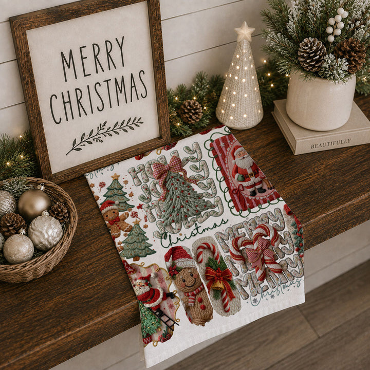 Yarn Christmas Crochet Print Cotton Kitchen Tea Towel Holiday Decor Great Gifts