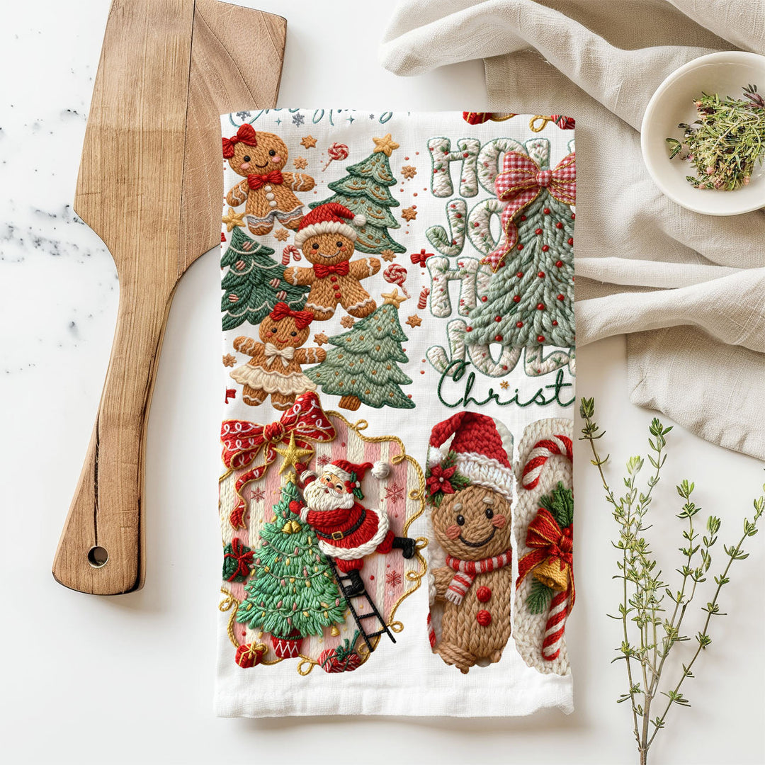 Yarn Christmas Crochet Print Cotton Kitchen Tea Towel Holiday Decor Great Gifts