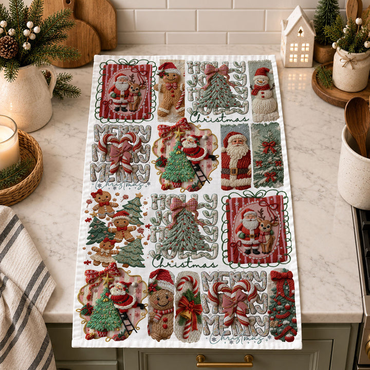 Yarn Christmas Crochet Print Cotton Kitchen Tea Towel Holiday Decor Great Gifts