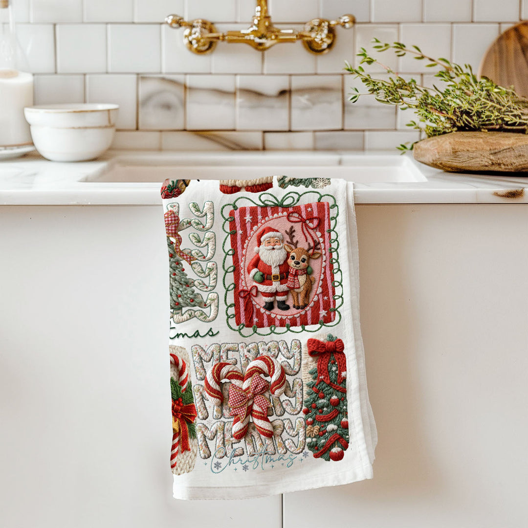 Yarn Christmas Crochet Print Cotton Kitchen Tea Towel Holiday Decor Great Gifts