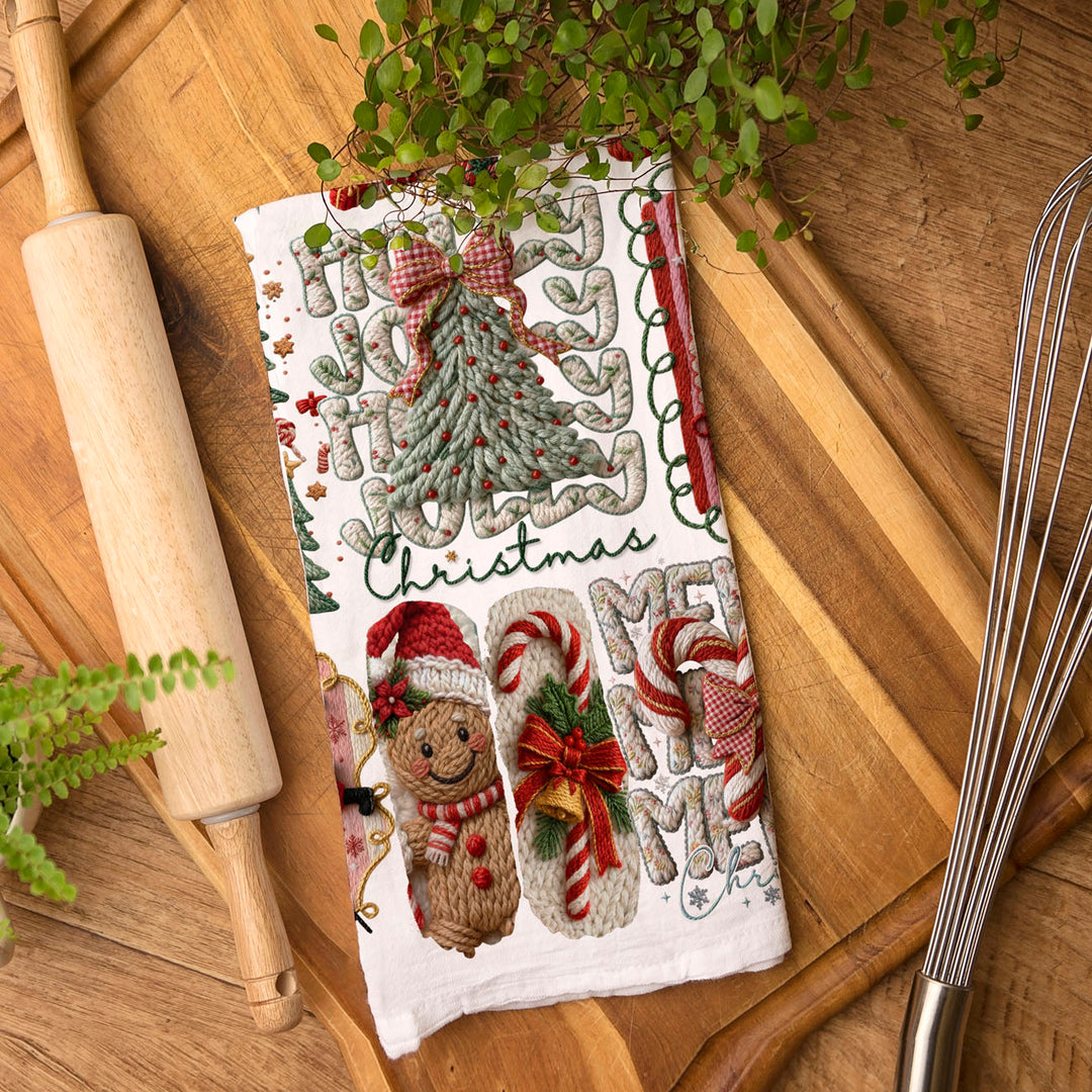 Yarn Christmas Crochet Print Cotton Kitchen Tea Towel Holiday Decor Great Gifts