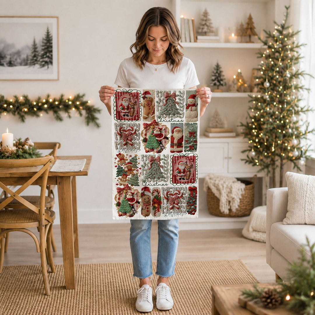 Yarn Christmas Crochet Print Cotton Kitchen Tea Towel Holiday Decor Great Gifts