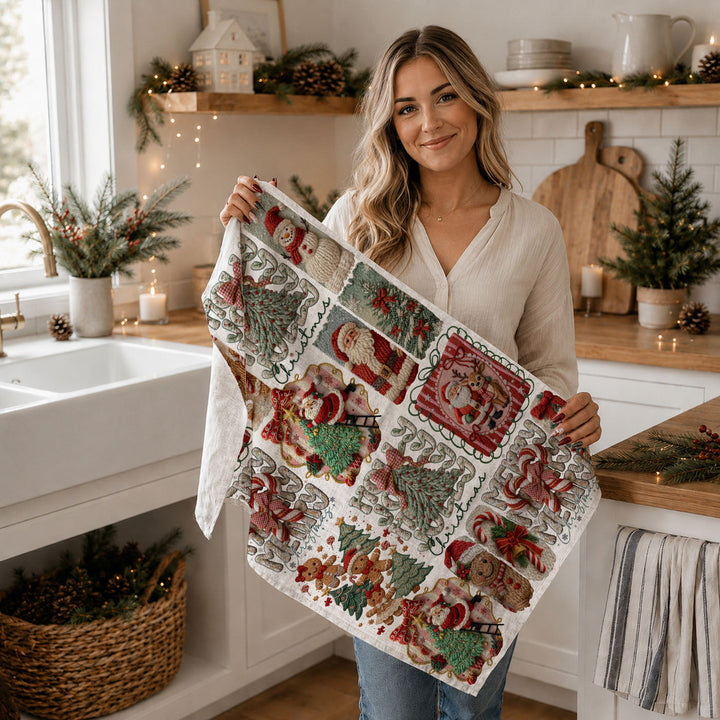 Yarn Christmas Crochet Print Cotton Kitchen Tea Towel Holiday Decor Great Gifts