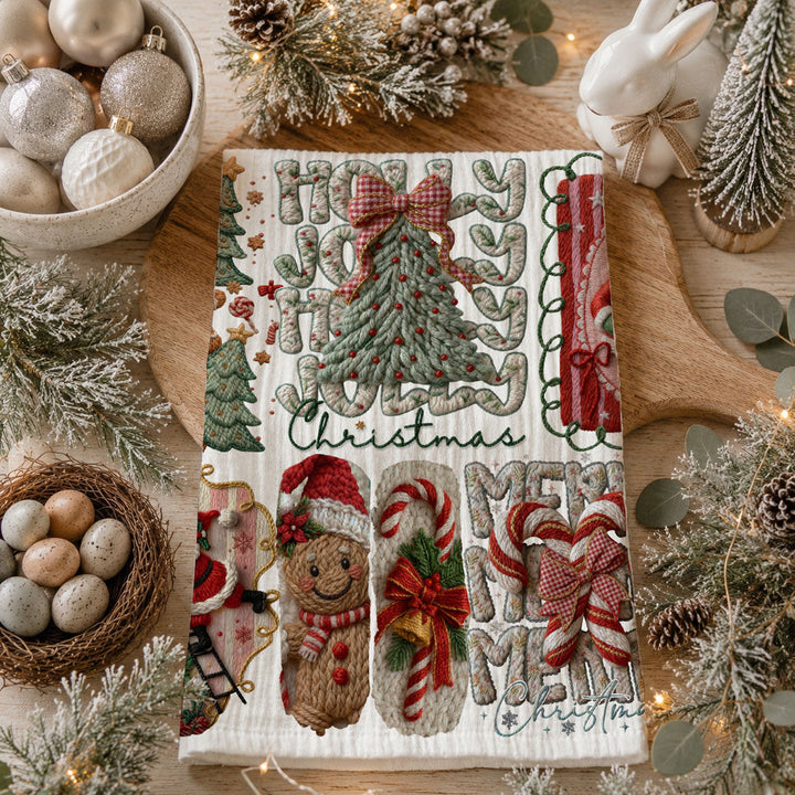 Yarn Christmas Crochet Print Cotton Kitchen Tea Towel Holiday Decor Great Gifts