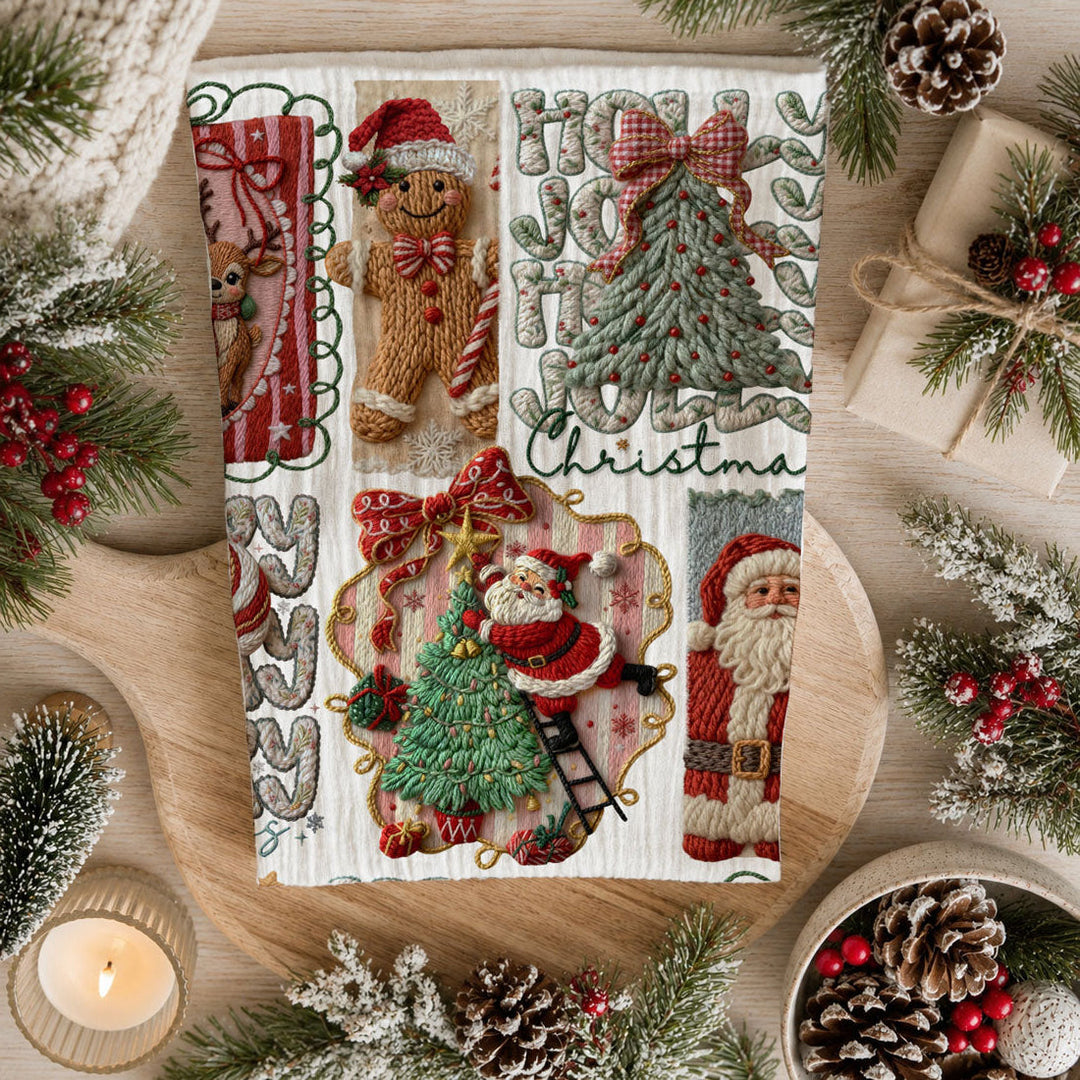 Yarn Christmas Crochet Print Cotton Kitchen Tea Towel Holiday Decor Great Gifts