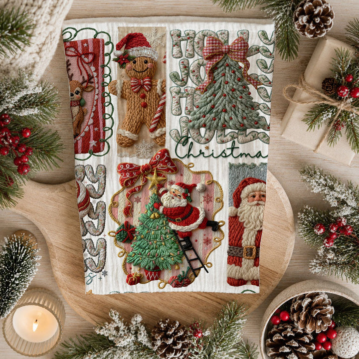 Yarn Christmas Crochet Print Cotton Kitchen Tea Towel Holiday Decor Great Gifts