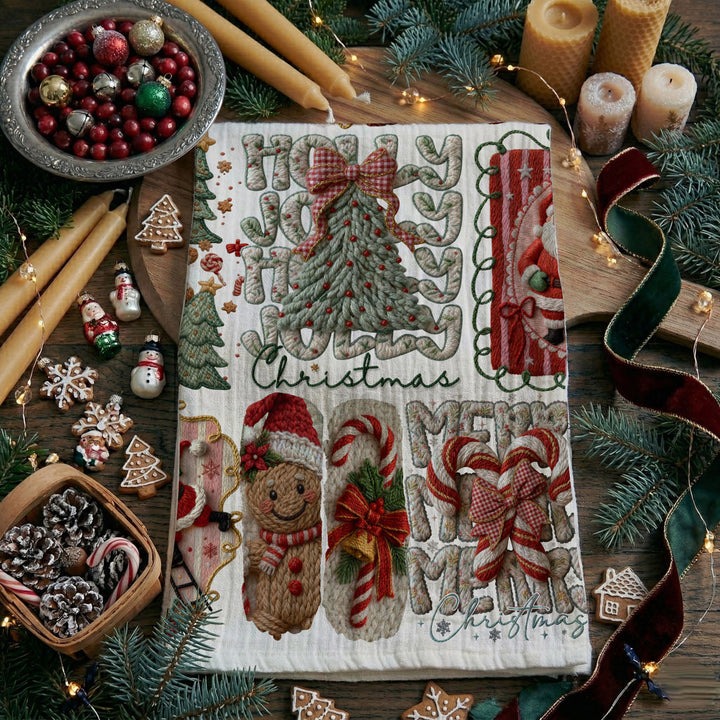 Yarn Christmas Crochet Print Cotton Kitchen Tea Towel Holiday Decor Great Gifts
