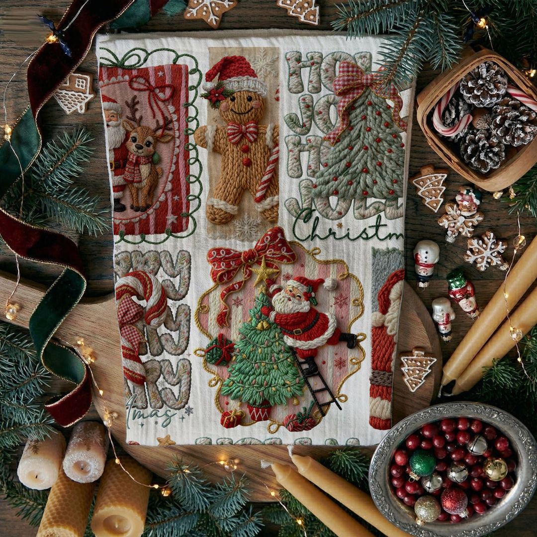 Yarn Christmas Crochet Print Cotton Kitchen Tea Towel Holiday Decor Great Gifts
