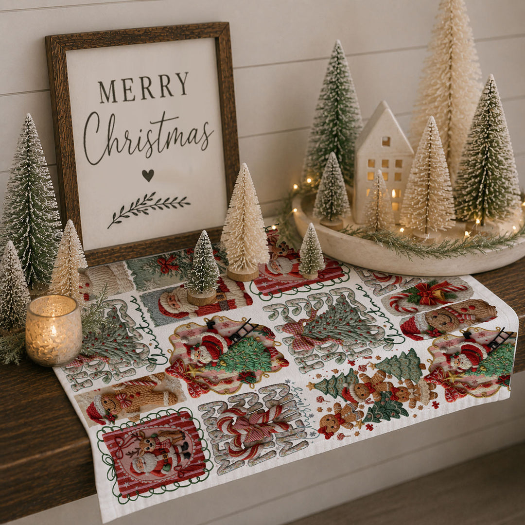 Yarn Christmas Crochet Print Cotton Kitchen Tea Towel Holiday Decor Great Gifts