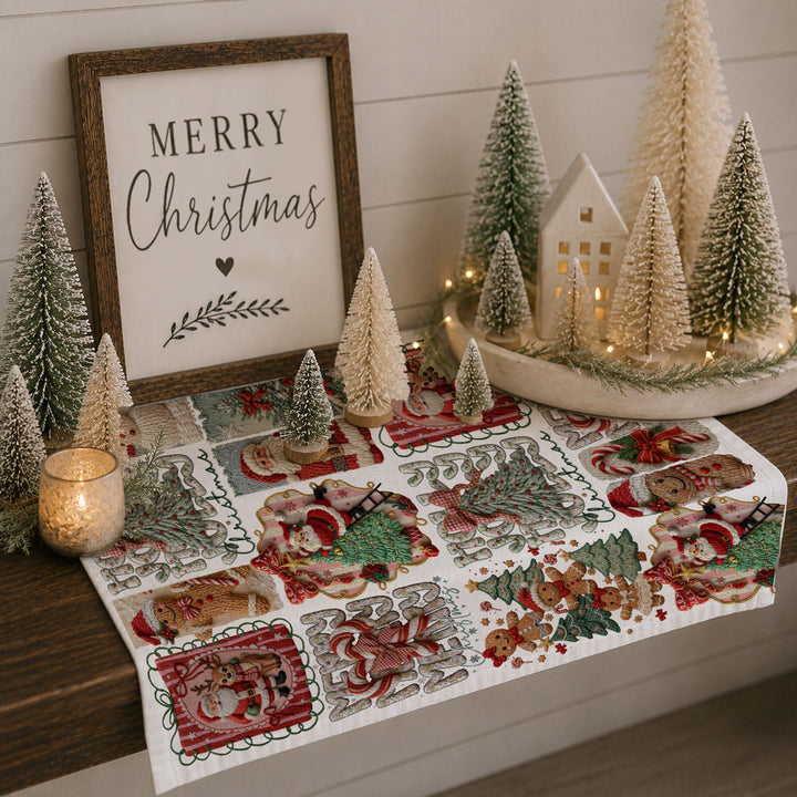 Yarn Christmas Crochet Print Cotton Kitchen Tea Towel Holiday Decor Great Gifts