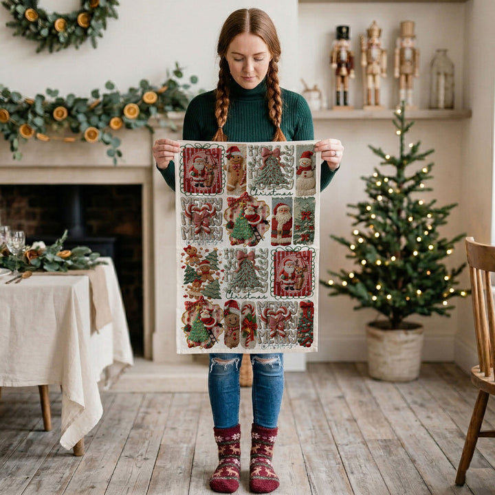 Yarn Christmas Crochet Print Cotton Kitchen Tea Towel Holiday Decor Great Gifts
