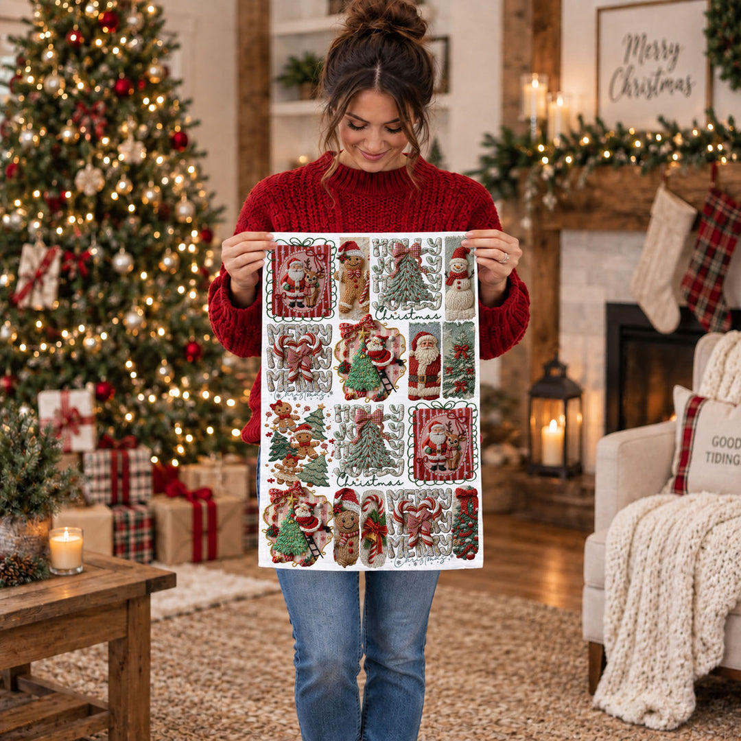 Yarn Christmas Crochet Print Cotton Kitchen Tea Towel Holiday Decor Great Gifts