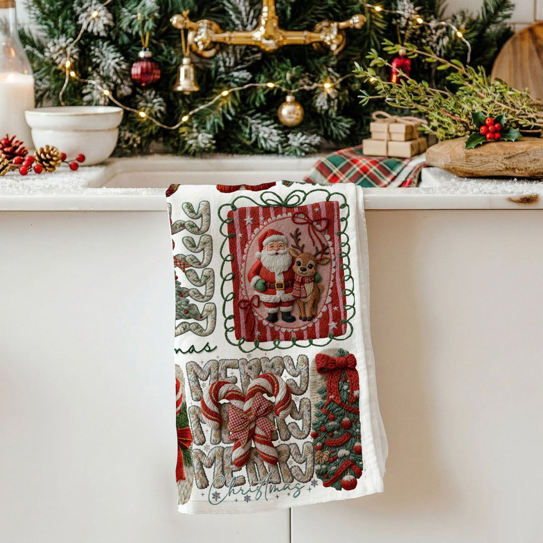 Yarn Christmas Crochet Print Cotton Kitchen Tea Towel Holiday Decor Great Gifts