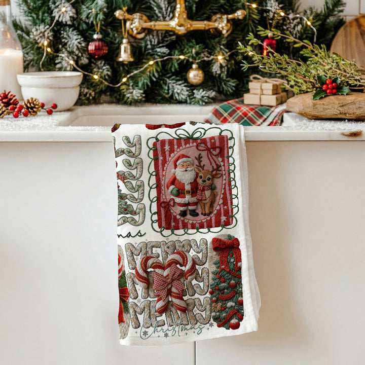 Yarn Christmas Crochet Print Cotton Kitchen Tea Towel Holiday Decor Great Gifts